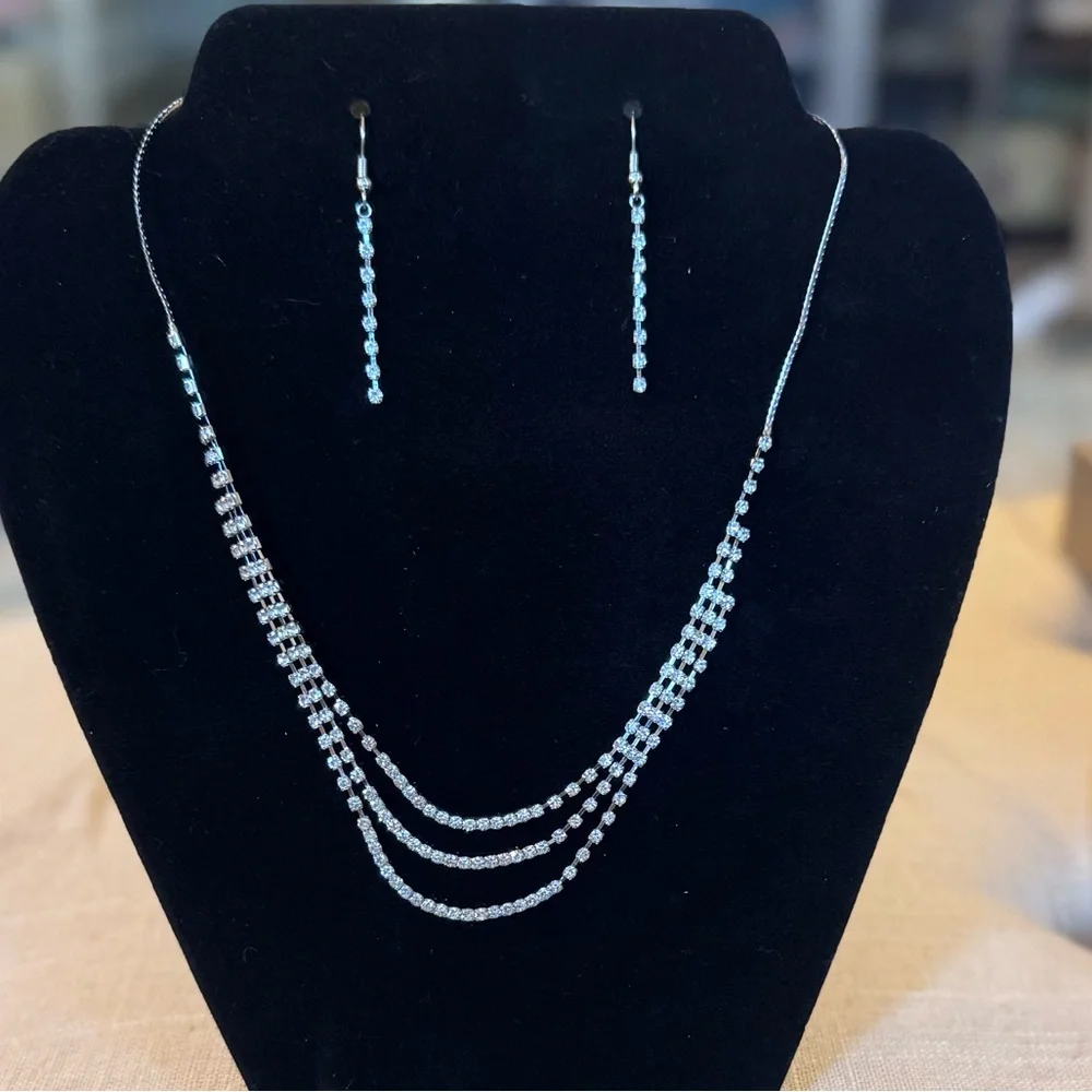 Silver Radiance Triple-Strand Necklace & Earring Set